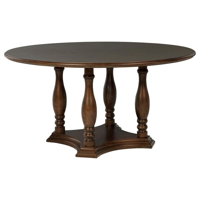 Monta Round Dining Table, Turned Legs and Shelf, Brown Wood 60 Inch - Benzara