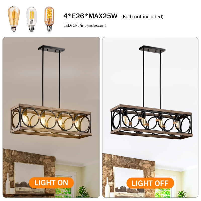 4-Light Farmhouse Rectangle Pendant Light Vintage Rustic Industrial Hanging Light Fixture image number 7