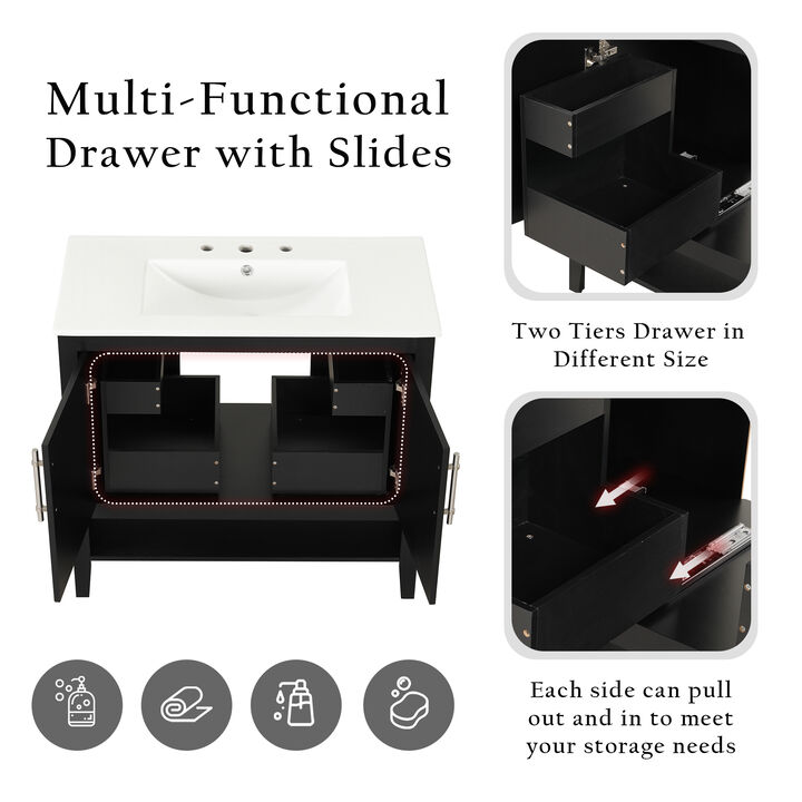 Whisen 36" Bathroom Storage Cabinet Bathroom Vanity with Ceramic Sink, Doors and Drawers