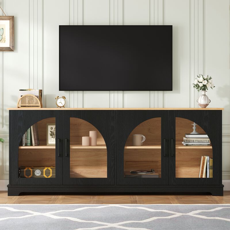 Merax Modern TV Cabinet with Glass-Front Storage, Adjustable Shelving, Built-In Cable Holes image number 2