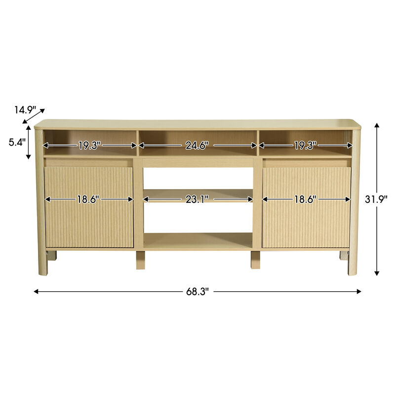 68" Farmhouse Natural Wood Fluted Door TV Stand Media Console Storage Cabinet for TVs up to 75" image number 5