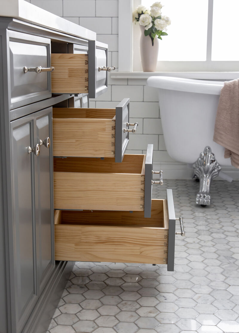 Palace 60 In. Double Sink Carrara Quartz Countertop Bath Vanity in Cashmere Grey with Polished Nickel (PVD) Hardware