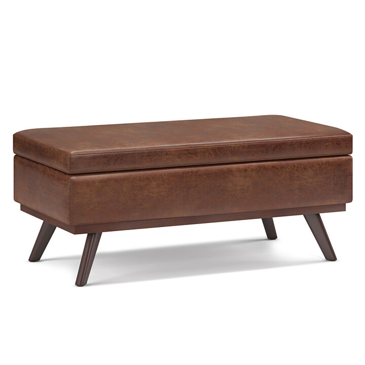 Owen 42 inch Wide Mid Century Modern Rectangle Lift Top Large Coffee Table Storage Ottoman in Distressed Saddle Brown Vegan Faux Leather, Assembled