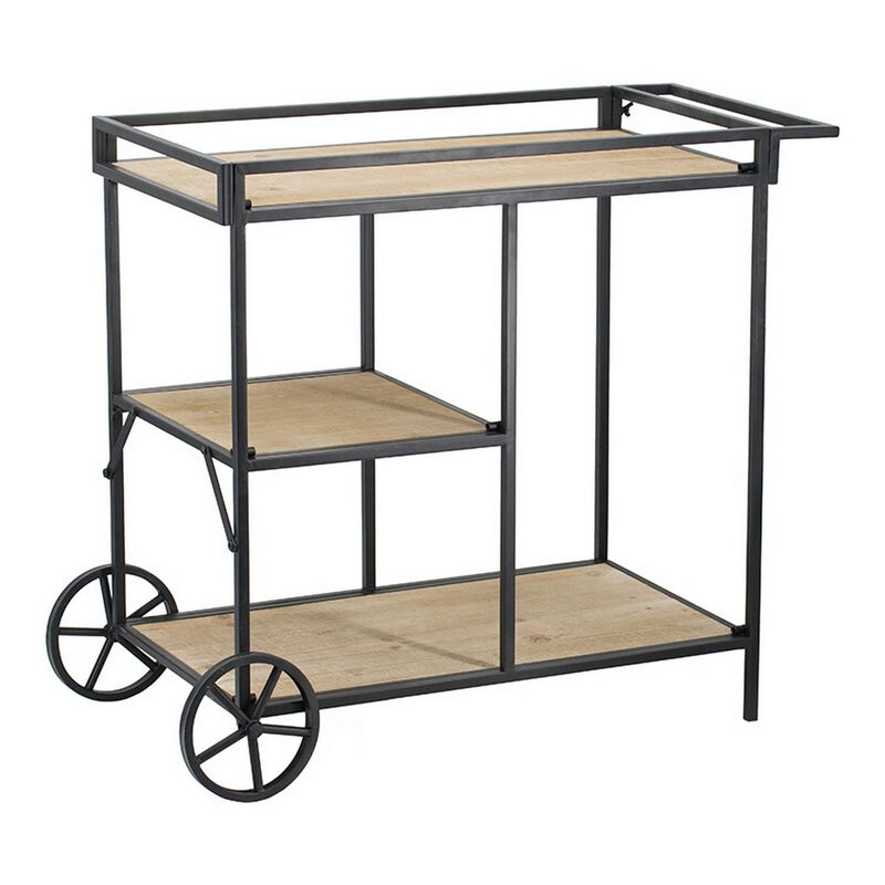32 Inch Bar Cart, 3 Tiers, Fir Wood Shelves, Iron Frame, Black, Brown-Benzara