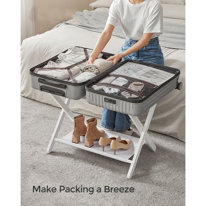 Foldable Suitcase Stand with Shelf &ndash; Guest Room Luggage Rack with Strong Nylon Straps