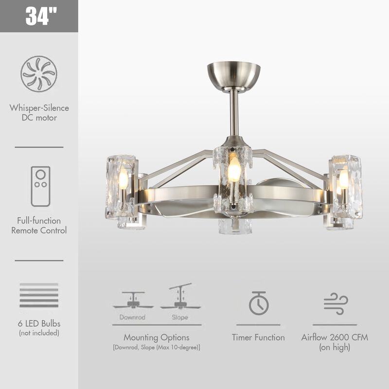 34" Modern Nickel 6-Light Ceiling Fan with Remote Control