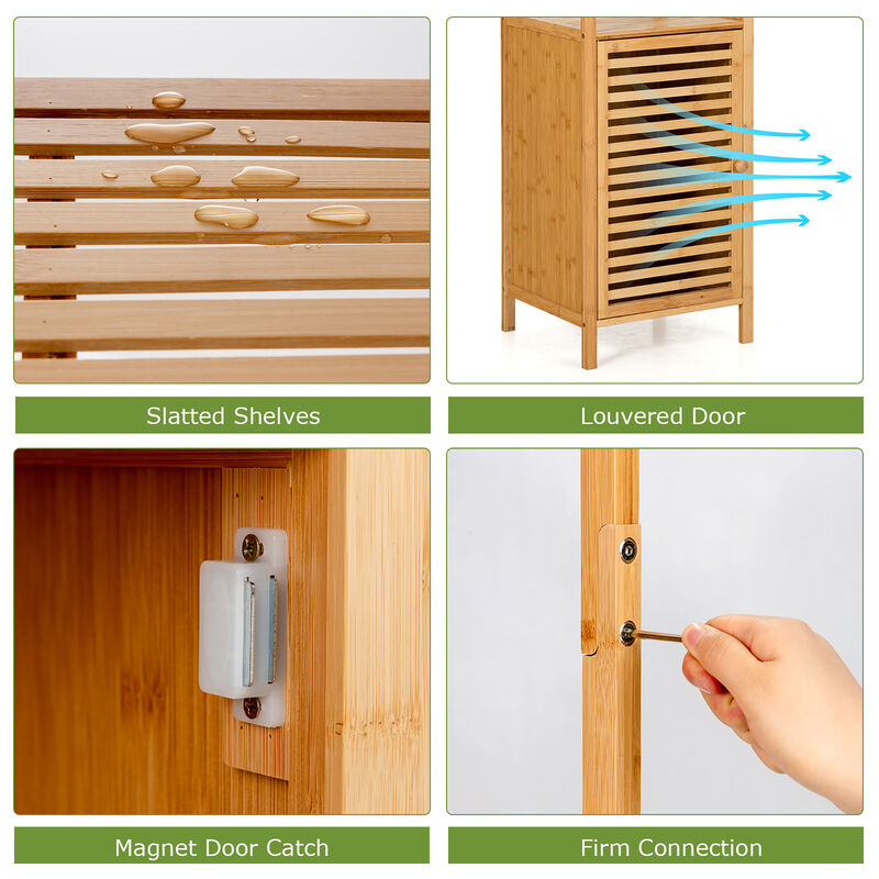 Costway 4 Tiers Bamboo Bathroom Storage Floor Cabinet Tower Corner Rack w/ Louvered Door