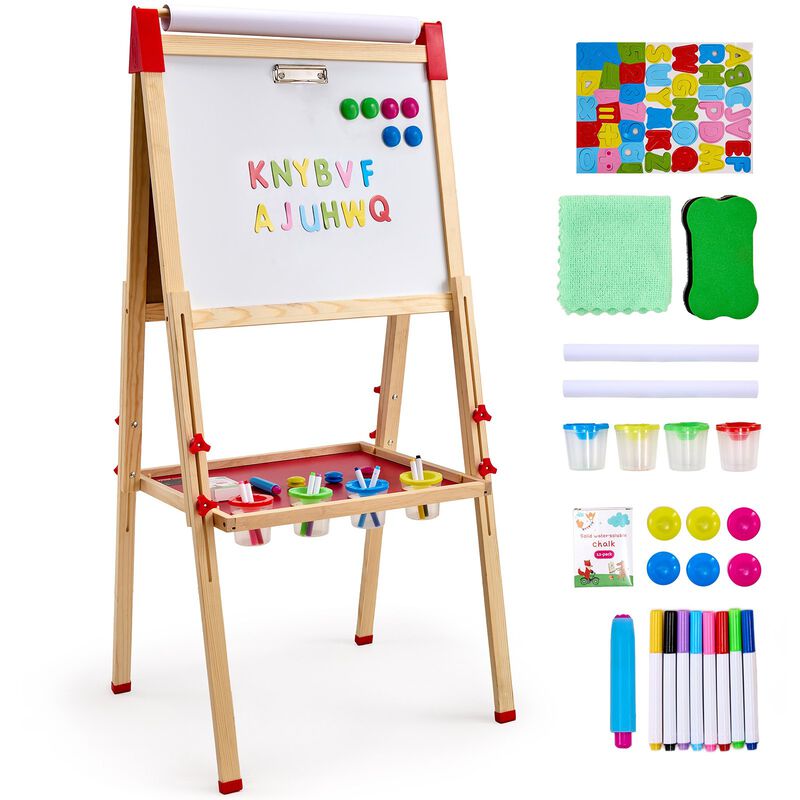 3-in-1 Kids Art Station &ndash; Double-Sided Wooden Easel with Magnetic Whiteboard & Chalkboard, Adjustable Height Drawing Board