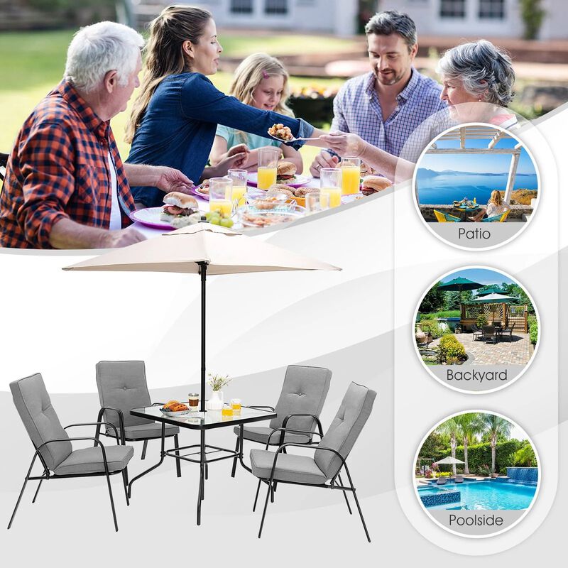 Mondawe 6Pcs Outdoor Dining Set,Square Glass Table W/ Sun-Protective Umbrella & 4 Stackable Chairs
