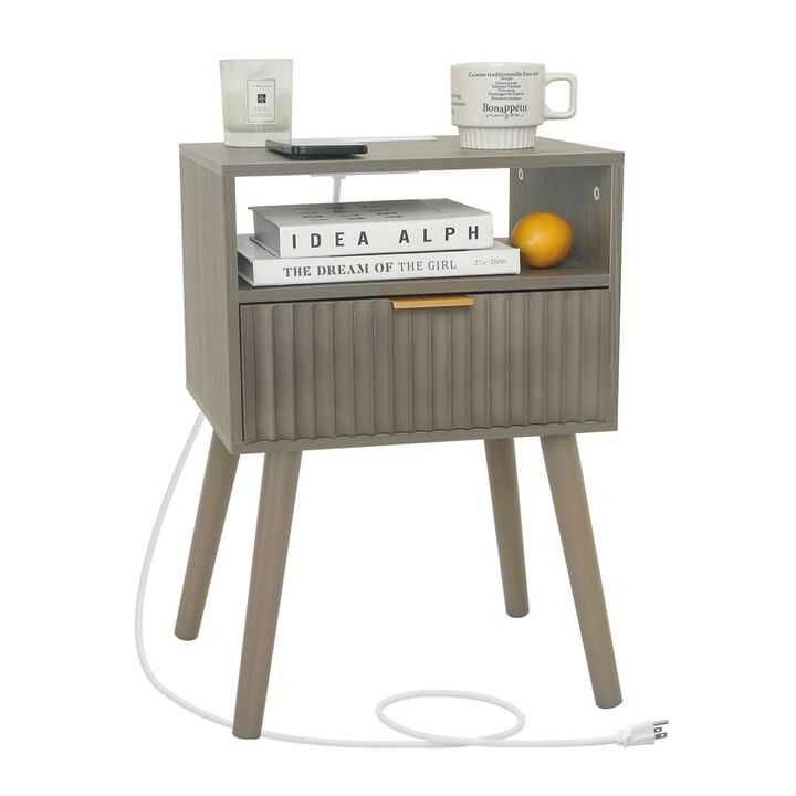 Fultyle Night Stand with Charging Station, Modern Bedside Table with Drawer and Solid Wood Legs, Fluted Side End Table for Bedro