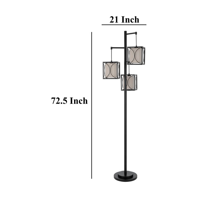 Lany 73 Inch Floor Lamp, 3 Hanging Lantern Style Shades, Black Iron - Benzara