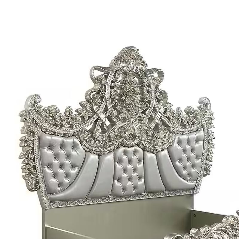 Dove King Bed, Beige Faux Leather Victorian Carved, Champagne Gold - Benzara image number 2
