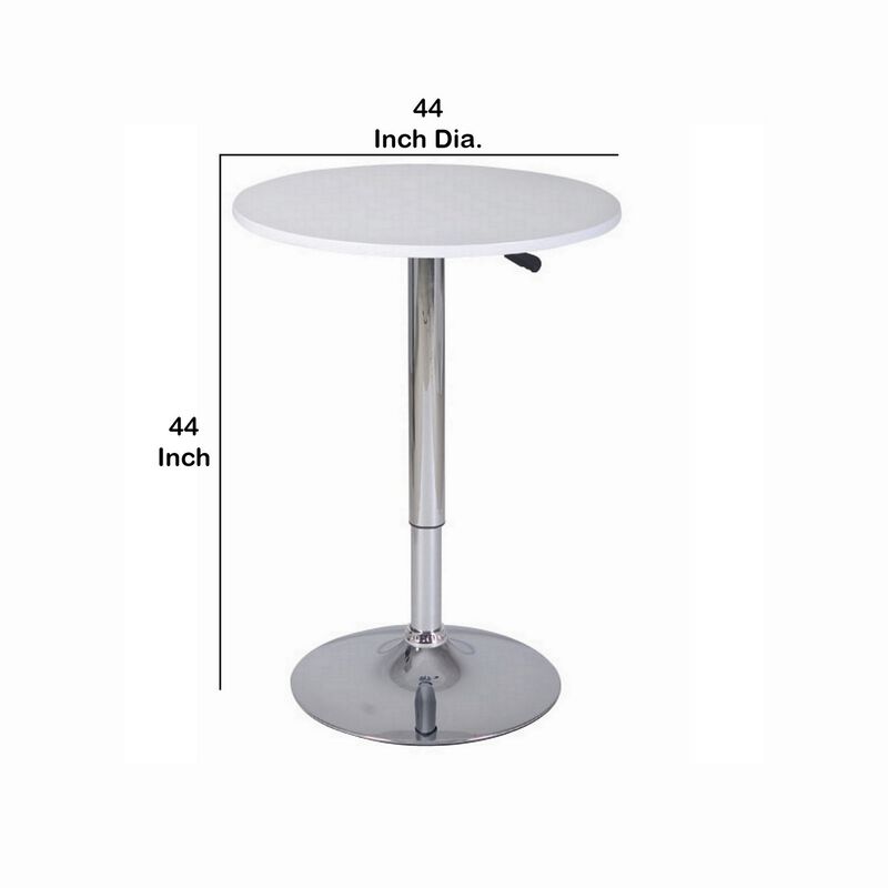 34-44 Inch Classic Bar Table, Adjustable Height Stainless Steel Base, White-Benzara