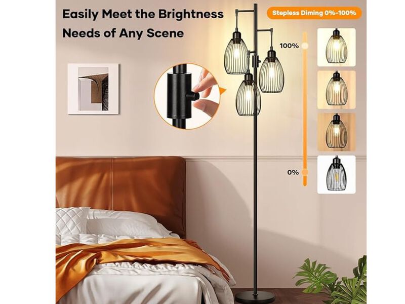 Industrial Tree Floor Lamp &ndash; Black Metal, 3 Teardrop Cage Shades, Dimmable LED