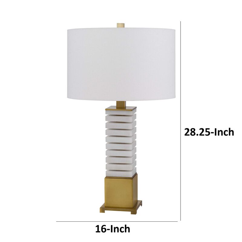 28 Inch Table Lamp, White Drum Hardback, Marble and Antique Brass Finish - Benzara