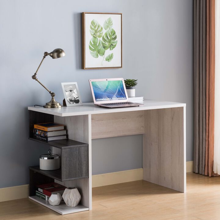 White Oak & Distressed Grey Home Office Computer Desk with Side Shelves