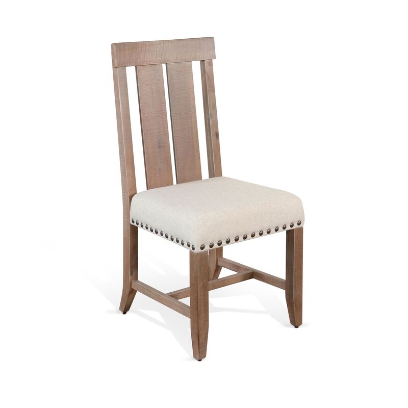 Anva Dining Chair Set of 2, Slat Back, White Fabric, Dark Brown Wood - Benzara