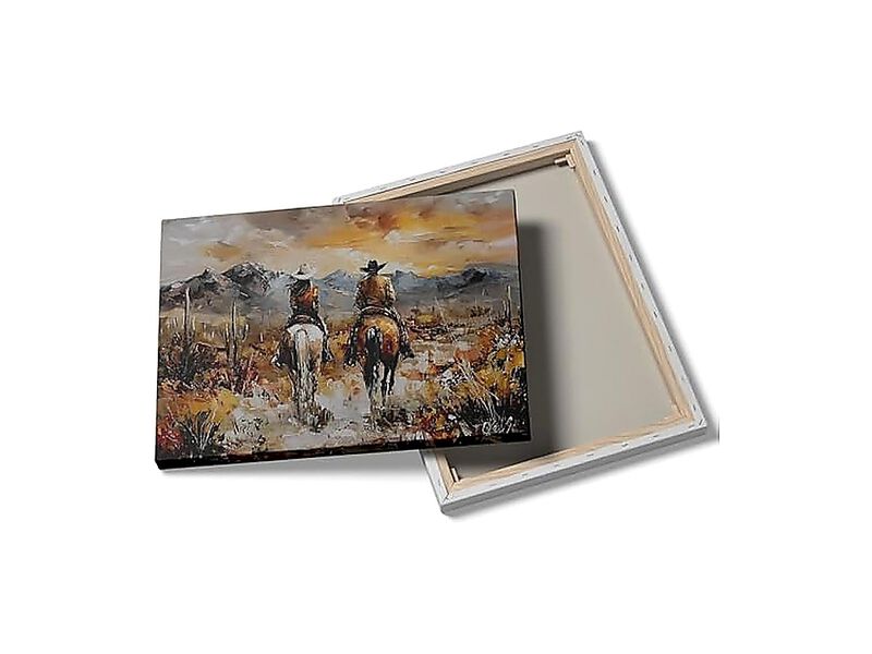 Western Cowboy Cowgirl Horses Canvas Wall Art Mountain Desert Landscape Sunset image number 3