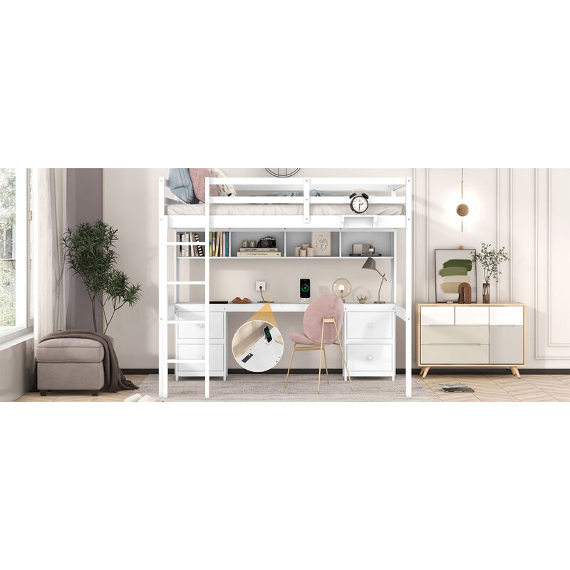 Full Size Loft Bed with Desk, Cabinets, Drawers and Bedside Tray, Charging Station, White