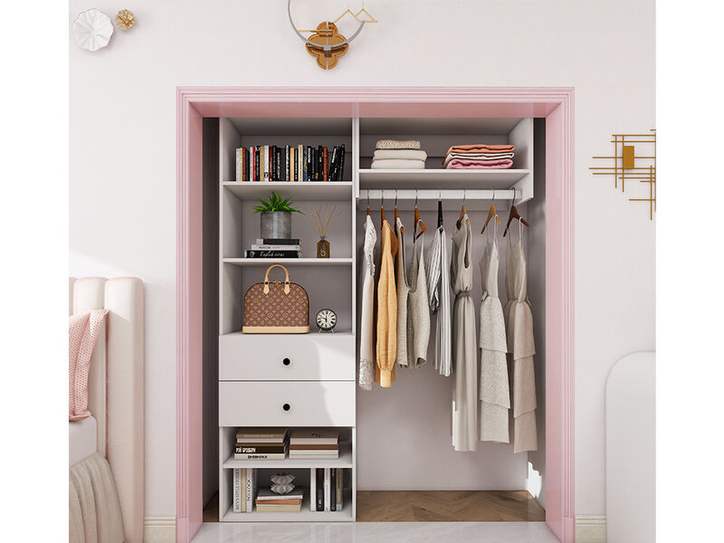 Wood Closet System with 2 Drawers Modular  Storage Cabinet, Hanging Rod and 6 Shelves Clothes Garment Rack Wall Mount or Built-in Organizer for Bedroom&nbsp;