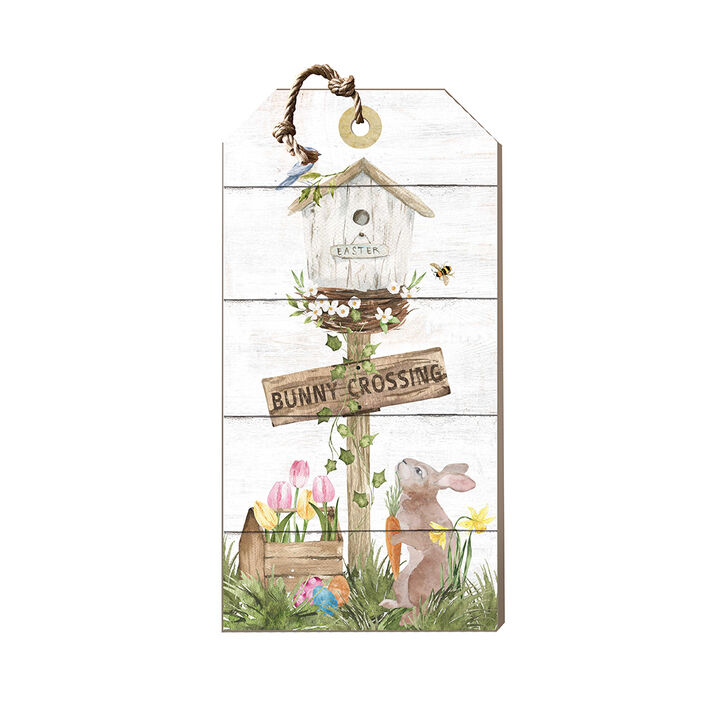 17" Brown and White Easter "Bunny Crossing" Hanging Tag Sign