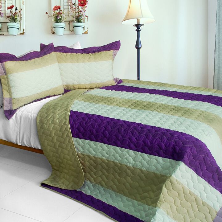 Decorative Waves of Rays Patchwork Quilt Set 3 Piece with Vermicelli Quilting-Purple