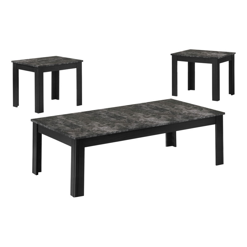 Monarch Specialties I 7843P Table Set, 3pcs Set, Coffee, End, Side, Accent, Living Room, Laminate, Grey Marble Look, Black, Transitional