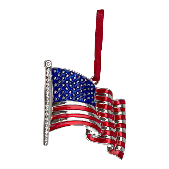 3.25" Silver Plated American Flag with European Crystals Christmas Ornament
