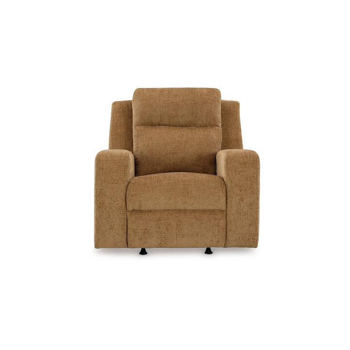 Damon Manual Rocker Recliner Chair, Soft Plush Camel Brown Polyester - Benzara