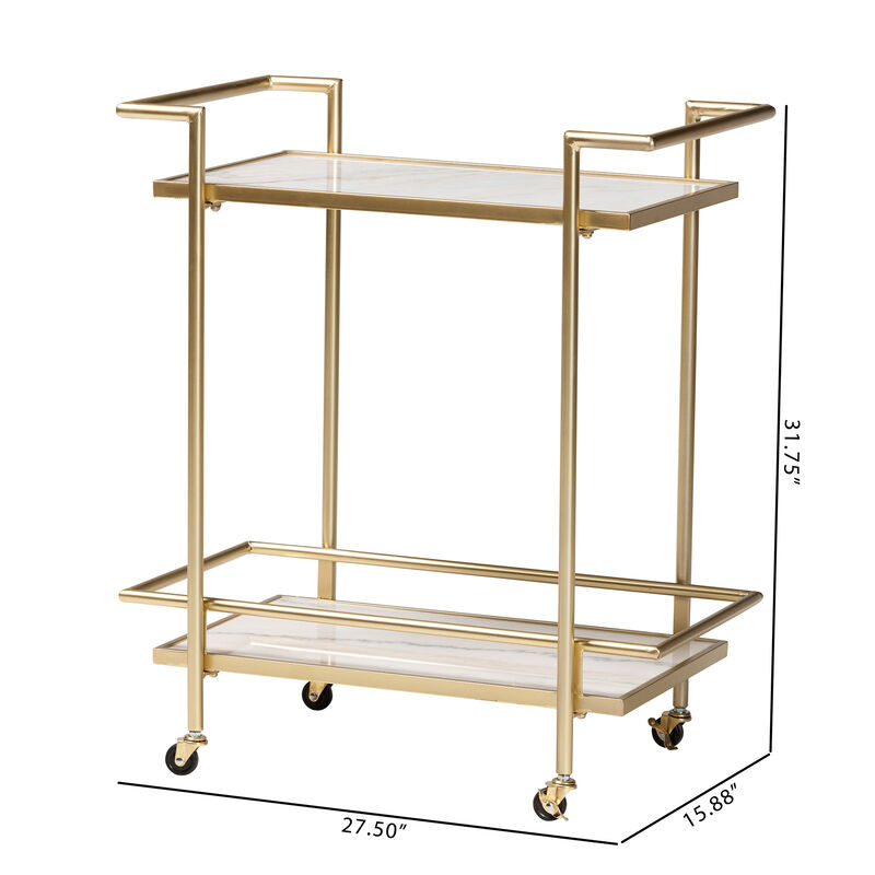 Baxton Studio Louise Contemporary Glam and Luxe Gold Metal and White Marble 2 Tier Wine Cart image number 7