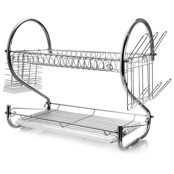 MegaChef 16 Inch Two Shelf Dish Rack with Easily Removable Draining Tray, 6 Cup Hangers and Removable Utensil Holder