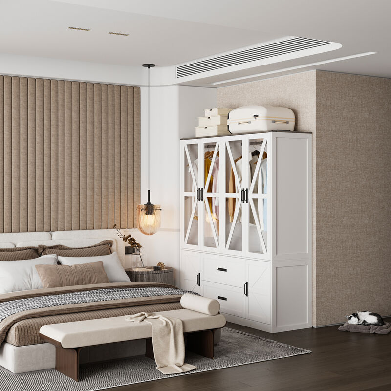 FUFU&GAGA Modern Wardrobe with Glass Doors and Lighting, 4 Doors, 2 Drawers (63 in. W x 19.7 in. D x 74.8 in. H), White