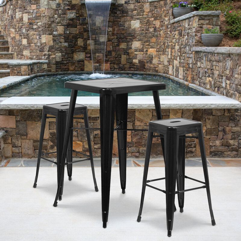 Flash Furniture 23.75" Black Metal Indoor-Outdoor Bar Table Set with 2 Seat Backless Stools image number 3