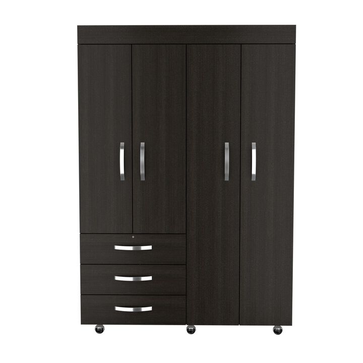 DEPOT E-SHOP Hamilton Mobile Armoire, Double Door Cabinet, Three Drawers, Rods, Two Shelves, Black