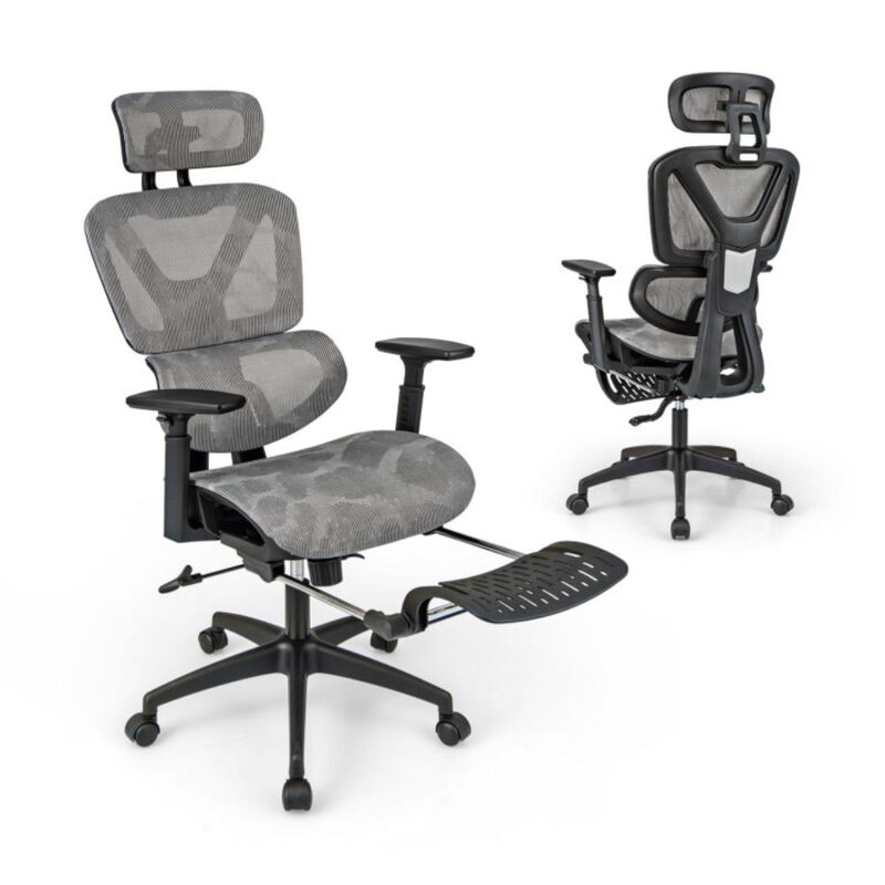 Hivvago Mesh Office Chair with Tilting Backrest and Retractable Footrest-Gray