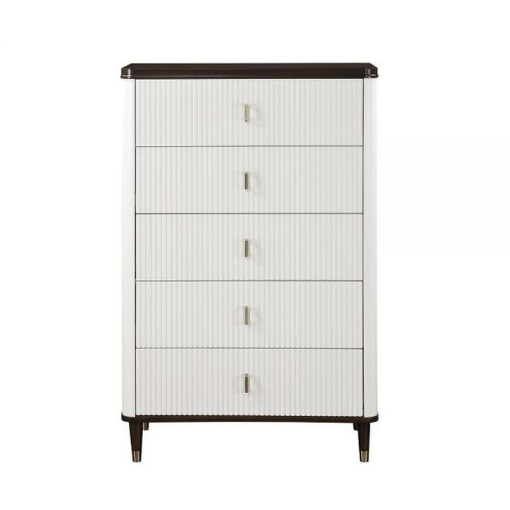 Benjara Aren 36 Inch Tall Dresser Chest, Jewelry Tray, 5 Drawers, Solid Wood, White and Brown