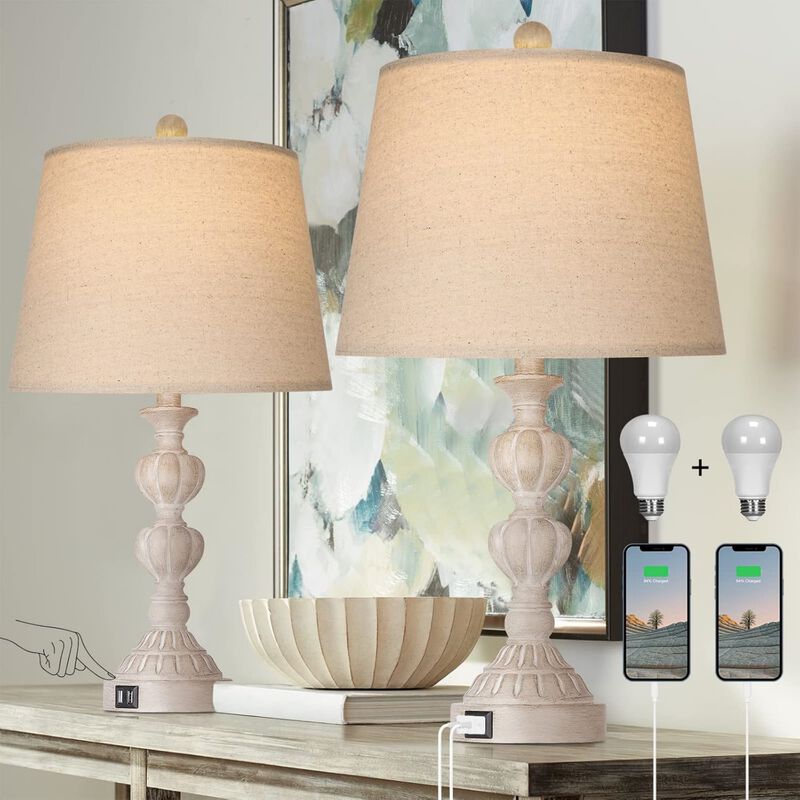 Touch Control Coastal Farmhouse Table Lamp Set of 2, 3-Way Dimmable Bedside Lamp with 2 USB Charging Ports, French Country Style Nightstand Lamp image number 2