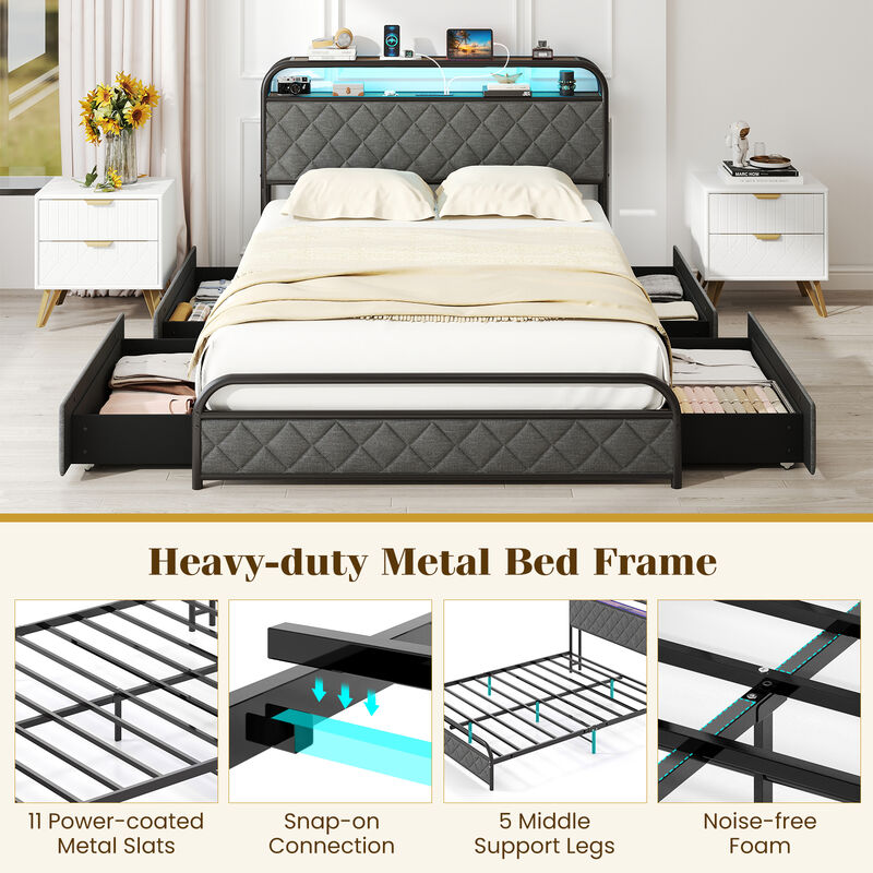 Contemporary Bed with LED Lighted Headboard and Tech Charging Hub