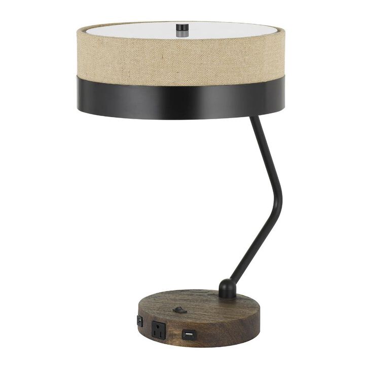 Hivvago 20" Black And Brown Wood And Metal Two Light USB Table Lamp With Beige And Black Shade