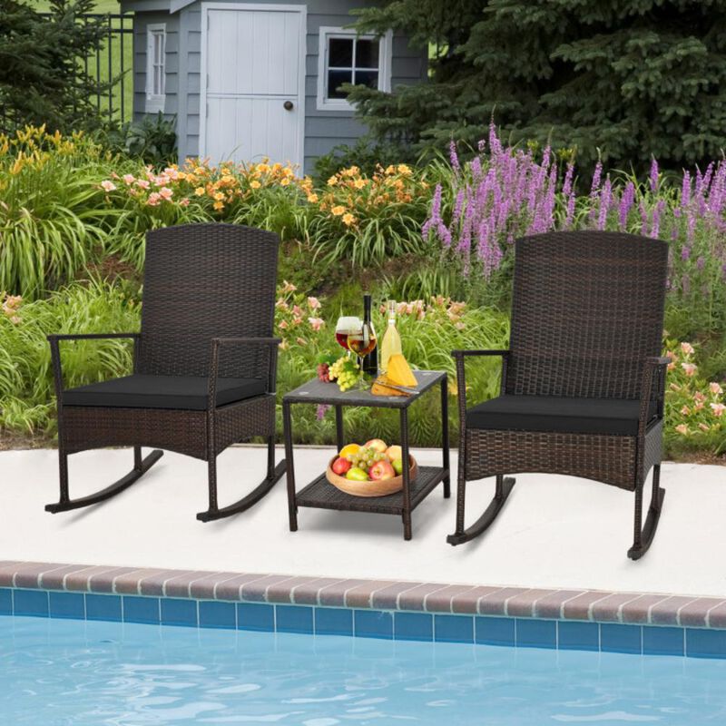 Hivvago 3 Piece Patio Rocking Set Wicker Rocking Chairs with 2-Tier Coffee Table