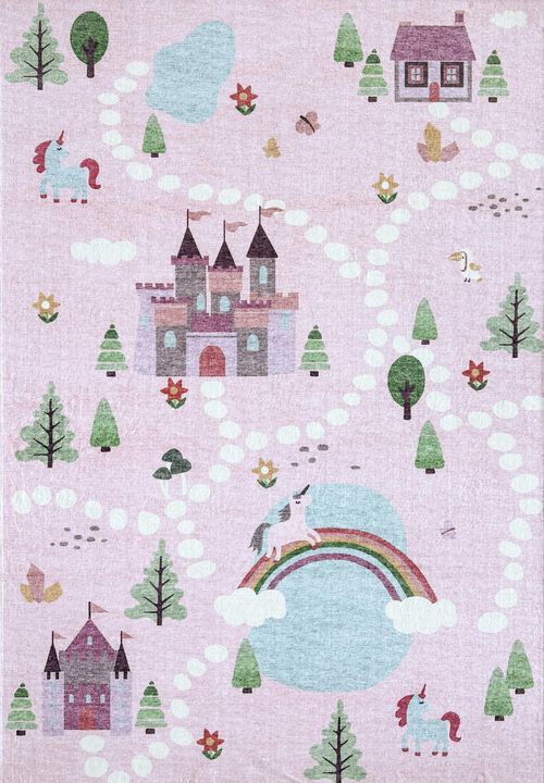 Soft Steps Playtime Unicorns, Castle, Road Map Pink White Indoor Soft Area Rug