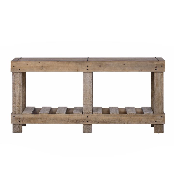 62.9" Vintage Entryway Table - Fir Solid Wood with Natural Grain, 6 Reinforced Legs & 4.5" Thick Desktop