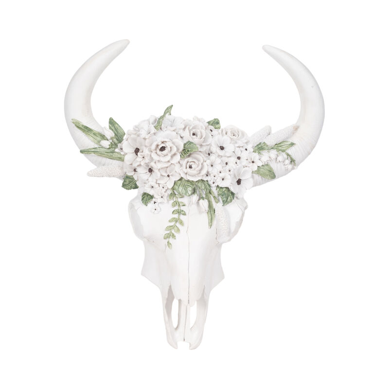13" Bull Skull White Flowers image number 0