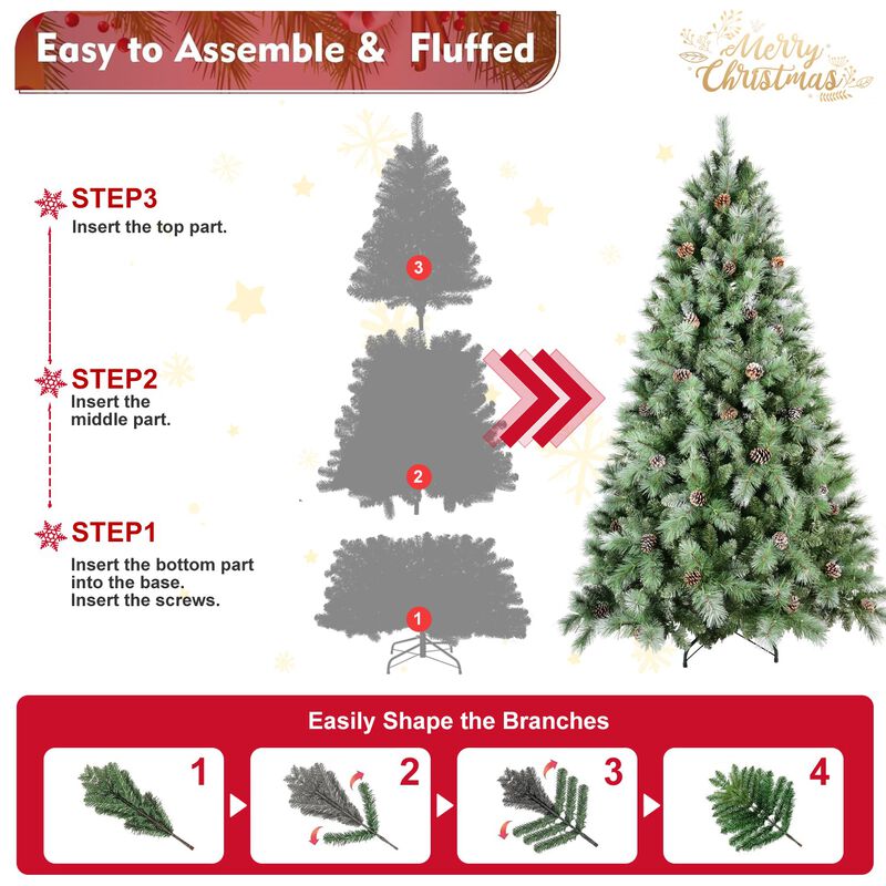 7 ft. Christmas Tree with 82 Pine Cones 1348 PVC Hard Needle Tips Hinged with Metal Stand Full Holiday Decoration