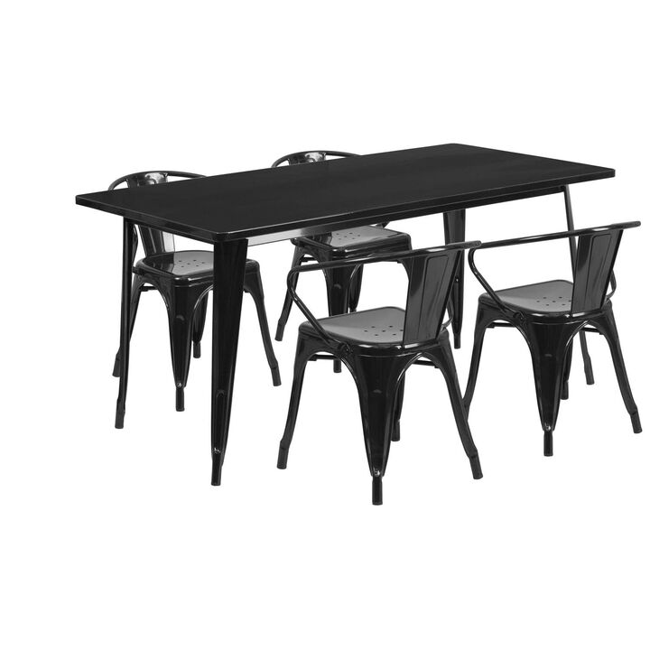 Flash Furniture Commercial Grade 31.5" x 63" Rectangular Black Metal Indoor-Outdoor Table Set with 4 Arm Chairs