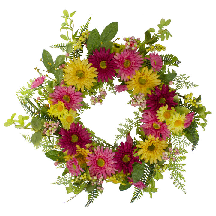 Chrysanthemum and Daisy Floral Spring Wreath  Pink and Yellow 23"