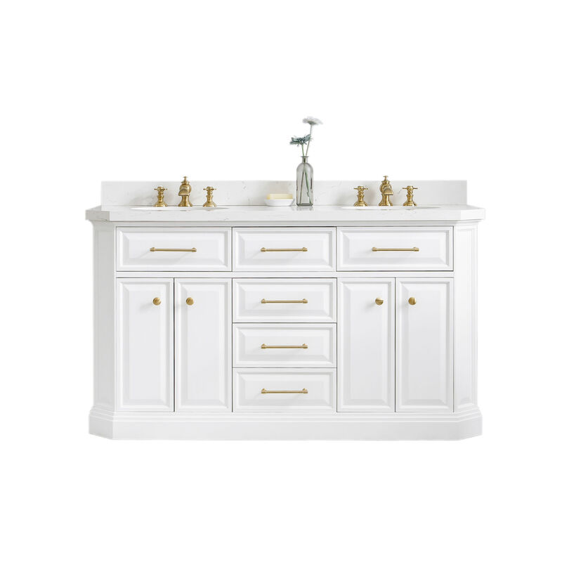 Palace 60 In. Double Sink Carrara Quartz Countertop Bath Vanity in Pure White with Satin Gold Hardware