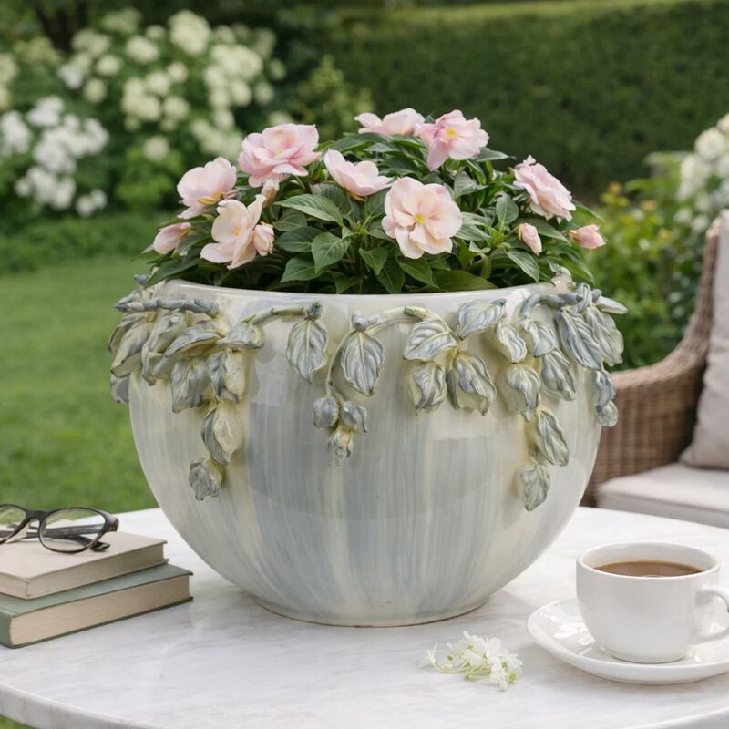 Decorative Bowl Planter, White Ceramic with Floral Garland Rim, 12 Inch image number 6