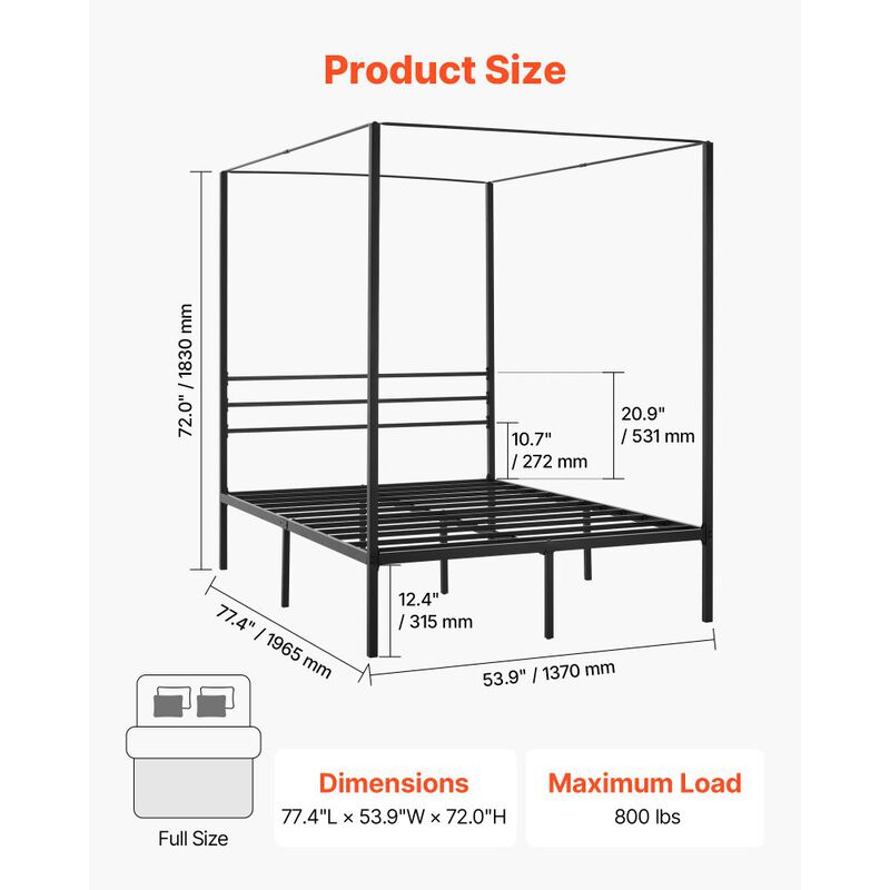 Full Size Metal Canopy Bed Frame, Minimalist Four Poster Design image number 2