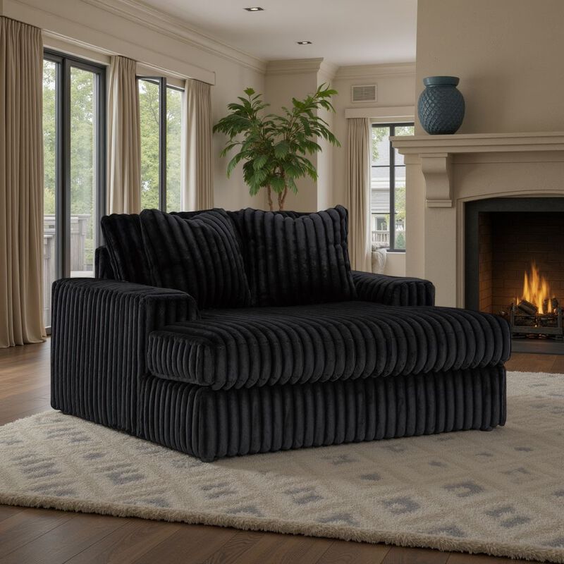 Addy Oversized Chaise, Black Jumbo Corduroy Fabric, 2 Pillows, 68 Inch - Benzara